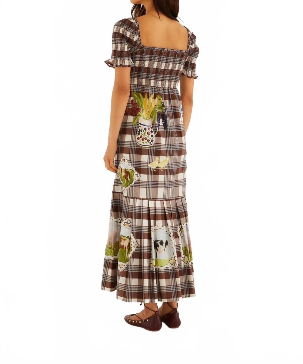 NEW FARM RIO country table tartan midi smocked dress in brown multi - Picture 4 of 5